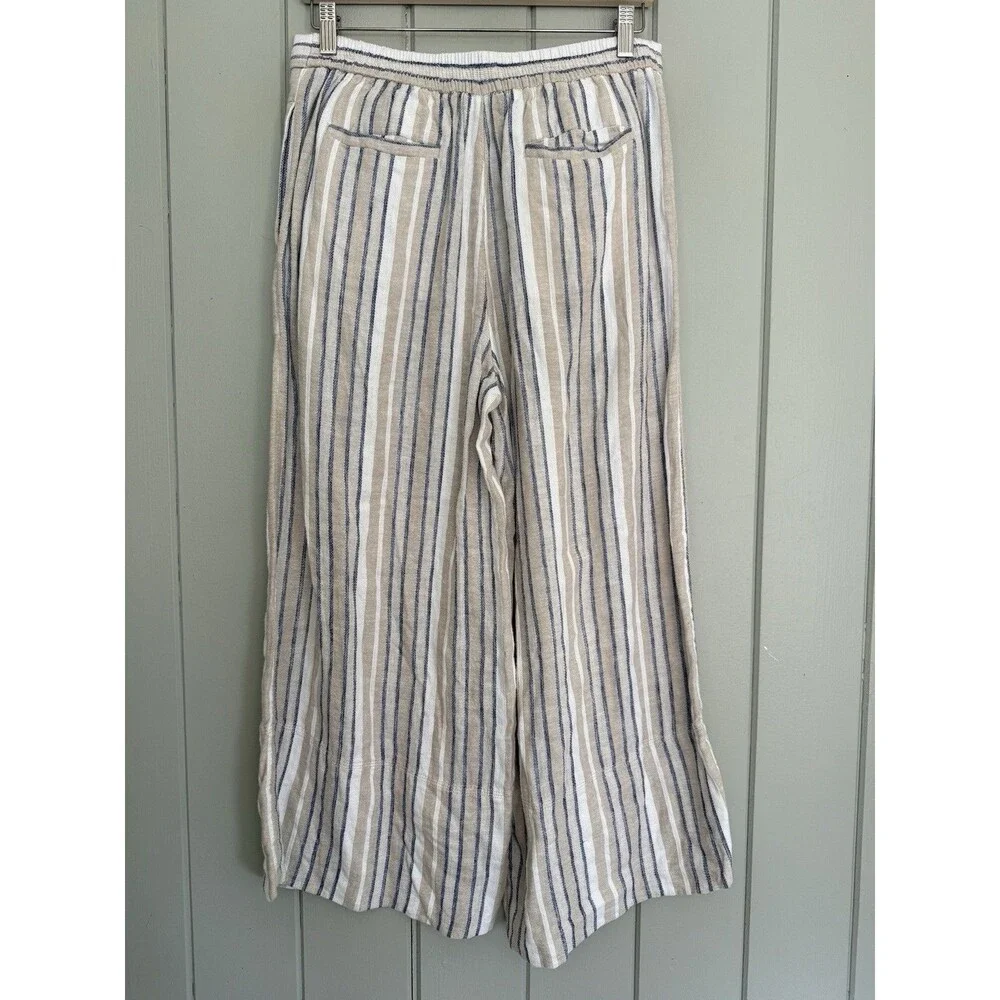 Banana Republic Wide Leg Linen Blend Pants S Small Beachy Blue Ivory Stripe